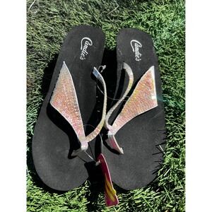 Candies Womens Black Platform Flip Flops Iridescent Sequin Wedge Sandals 7-8